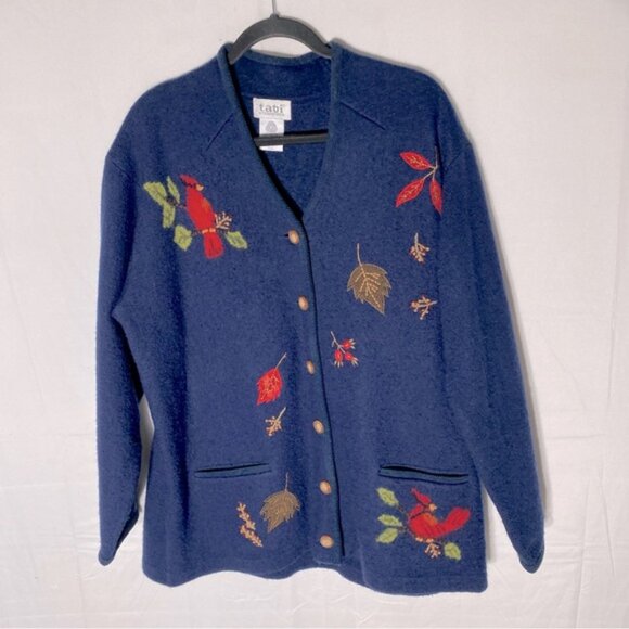 Vintage Tabi Pure New Wool Navy Blue Button Up Cardigan With Birds XL - Picture 16 of 16